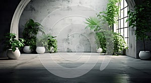 Generative AI: background with stage and on stone floor, tropical plants on the side