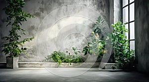 Generative AI: background with stage and on stone floor, tropical plants on the side