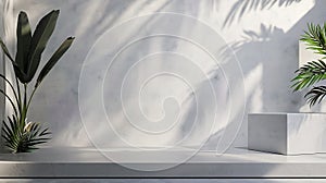 Generative AI Background White Wall Studio with  Shadow Leaves light Cement floor Surface Texture BackgroundEmpty