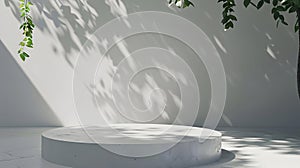 Generative AI Background White Wall Studio with  Shadow Leaves light Cement floor Surface Texture BackgroundEmpty