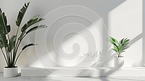 Generative AI Background White Wall Studio with  Shadow Leaves light Cement floor Surface Texture BackgroundEmpty