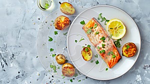 Generative AI baked salmon steak and roasted potatoes on a white plate horizontal view from above flat lay free sp