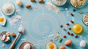 Generative AI Bakery background frame Fresh cooking ingredients  egg flour sugar butter nuts over blue background