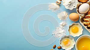 Generative AI Bakery background frame Fresh cooking ingredients  egg flour sugar butter nuts over blue background