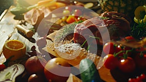 Generative AI balanced diet, cooking, culinary and food concept - close up of vegetables, fruits and meat on woode