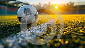 Generative AI ball on the green field in soccer stadium. ready for game in the midfield - soccer ball close-up. bu