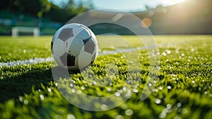 Generative AI ball on the green field in soccer stadium. ready for game in the midfield - soccer ball close-up. bu