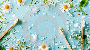 Generative AI Bamboo toothbrushes beautiful chamomile flowers sea salt and herbs on turquoise background flat lay