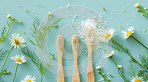 Generative AI Bamboo toothbrushes beautiful chamomile flowers sea salt and herbs on turquoise background flat lay