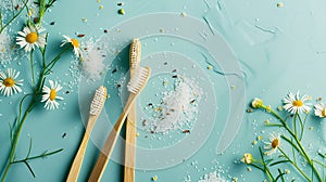 Generative AI Bamboo toothbrushes beautiful chamomile flowers sea salt and herbs on turquoise background flat lay