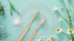 Generative AI Bamboo toothbrushes beautiful chamomile flowers sea salt and herbs on turquoise background flat lay