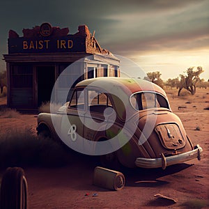 Generative AI:bandoned and rusty car in a desert next to a destroyed bar