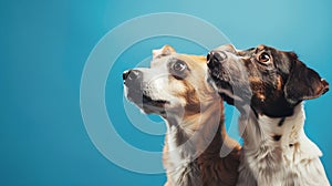 Generative AI Banner Closeup three hide dogs head  on blue background business concept.