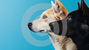 Generative AI Banner Closeup three hide dogs head Isolated on blue background business concept.