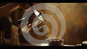 Generative AI Barista pouring coffee from moka pot coffee maker to a coffee cup Hand holding Italian classic moka