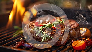 Generative AI BBQ Steak. Barbecue Grilled Beef Steak Meat with Vegetables. Healthy Food. Barbeque Steak Dinner bus