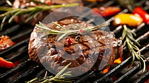 Generative AI BBQ Steak. Barbecue Grilled Beef Steak Meat with Vegetables. Healthy Food. Barbeque Steak Dinner bus