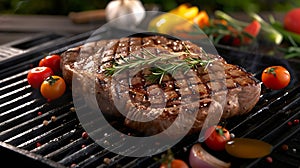 Generative AI BBQ Steak. Barbecue Grilled Beef Steak Meat with Vegetables. Healthy Food. Barbeque Steak Dinner bus