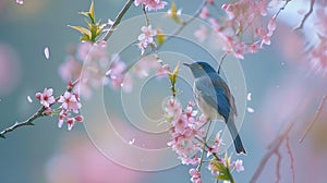 Generative AI beautiful bird Chestnutflanked WhiteeyeZosterops erythropleurus with Cherry blossom pink sakura flow photo
