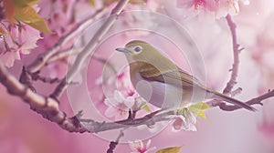 Generative AI beautiful bird Chestnutflanked WhiteeyeZosterops erythropleurus with Cherry blossom pink sakura flow photo