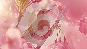 Generative AI beautiful bird Chestnutflanked WhiteeyeZosterops erythropleurus with Cherry blossom pink sakura flow photo