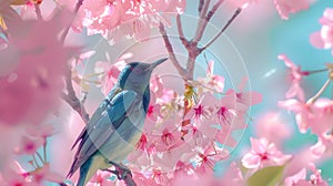 Generative AI Beautiful bird Mrs Goulds Sunbird Bluethroated Sunbird Aethopyga gouldiae with Cherry blossom pink s