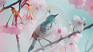 Generative AI Beautiful bird Mrs Goulds Sunbird Bluethroated Sunbird Aethopyga gouldiae with Cherry blossom pink s