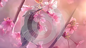 Generative AI beautiful bird Mrs Goulds Sunbird with Cherry blossom pink sakura flower business concept.