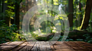 Generative AI Beautiful blurred boreal forest background view with empty rustic wooden table for mockup product di photo