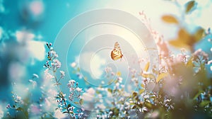 Generative AI Beautiful blurred spring background nature with blooming glade butterfly and blue sky on a sunny day