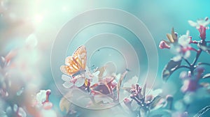 Generative AI Beautiful blurred spring background nature with blooming glade butterfly and blue sky on a sunny day