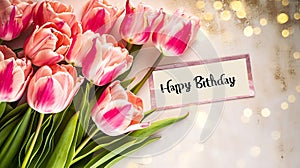 Generative AI Beautiful bouquet of tulip flowers with Happy Birthday card on light background, closeup business co