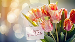 Generative AI Beautiful bouquet of tulip flowers with Happy Birthday card on light background closeup business con