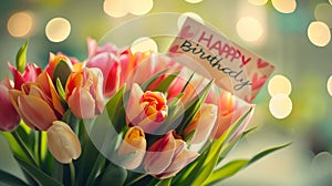 Generative AI Beautiful bouquet of tulip flowers with Happy Birthday card on light background closeup business con