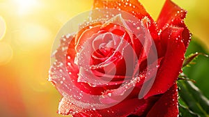 Generative AI Beautiful bright red rose flower with a drop of dew water on a green juicy background A beautiful ro