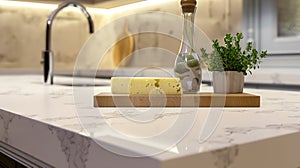 Generative AI A beautiful closeup of a custom designed kitchen with marble looking quartz countertop and backsplas