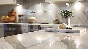 Generative AI A beautiful closeup of a custom designed kitchen with marble looking quartz countertop and backsplas