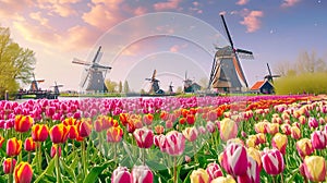 Generative AI Beautiful colorful spring landscape in Netherlands, Europe. Famous windmills in Kinderdijk village w