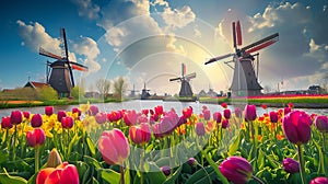 Generative AI Beautiful colorful spring landscape in Netherlands, Europe. Famous windmills in Kinderdijk village w