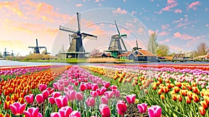 Generative AI Beautiful colorful spring landscape in Netherlands, Europe. Famous windmills in Kinderdijk village w