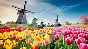 Generative AI Beautiful colorful spring landscape in Netherlands, Europe. Famous windmills in Kinderdijk village w