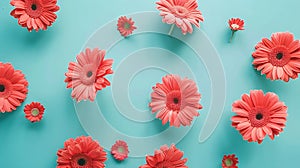 Generative AI Beautiful coral gerbera flowers on blue background top view Floral minimalist composition in flat la