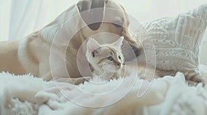 Generative AI Beautiful dog and a small cat are sitting on a soft white pillow. A kitten and a puppy together at h