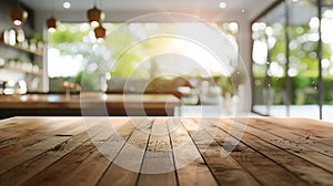Generative AI Beautiful empty brown wooden table top and blurred defocused modern kitchen interior background with