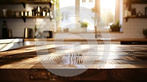 Generative AI Beautiful empty brown wooden table top and blurred defocused modern kitchen interior background with