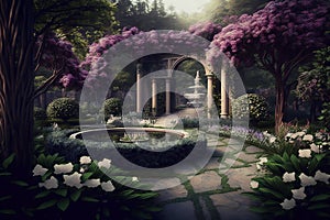 Generative AI of a beautiful fantasy garden with flowers and plants