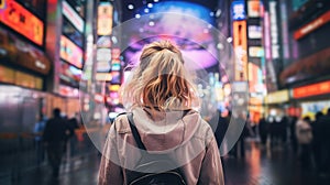 Generative AI, beautiful girl on night of the neon street of Japan
