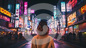 Generative AI, beautiful girl on night of the neon street of Japan