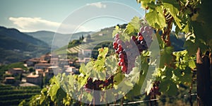 Generative AI, beautiful Italian vineyard, green landscape. Rows of vines