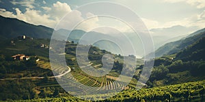 Generative AI, beautiful Italian vineyard, green landscape. Rows of vines